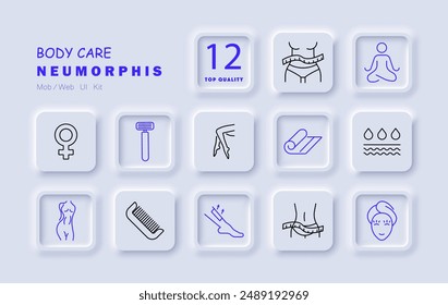 Body care set icon. Razor, tape measure, comb, shaving, towel, water, yoga, fitness, woman, skin, beauty, leg.
