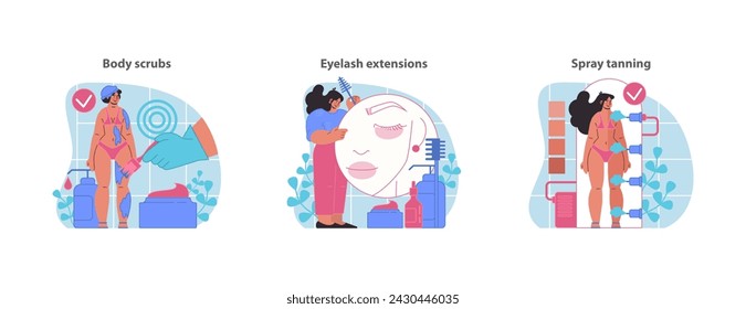 Body care set. Showcasing nourishing body scrubs, meticulous eyelash extensions, and even, natural-looking spray tans. Flat vector illustration.