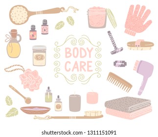 Body care set of toiletries. Cute feminine vector ilustration.