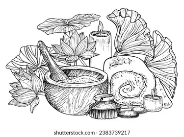 Body care Spa cosmetic with mortar and towel. Hand drawn vector linear illustration with toiletries and lotus flowers in black and white colors. Skincare products for massage salon icon or logo.