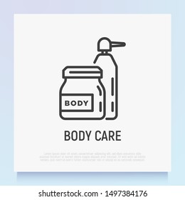 Body care thin line icon. Cosmetic treatments in glass jar and bottle with dispenser. Modern vector illustration for beauty shop.