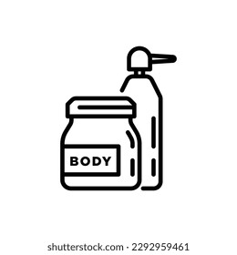Body care thin line icon. Cosmetic treatments in glass jar and bottle with dispenser. Modern vector illustration for beauty shop.