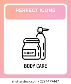 Body care thin line icon. Cosmetic treatments in glass jar and bottle with dispenser. Modern vector illustration for beauty shop.