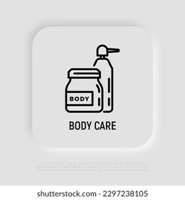 Body care thin line icon. Cosmetic treatments in glass jar and bottle with dispenser. Modern vector illustration for beauty shop.