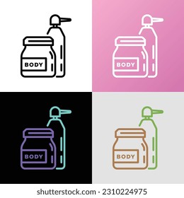 Body care thin line icon. Cosmetic treatments in glass jar and bottle with dispenser. Modern vector illustration for beauty shop.