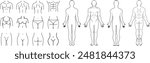 Body chart for medical diagram, front and back view. Blank unisex body outline template. Isolated vector illustration. Geometric shape of the human body -model. human body icon set