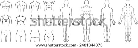 Body chart for medical diagram, front and back view. Blank unisex body outline template. Isolated vector illustration. Geometric shape of the human body -model. human body icon set