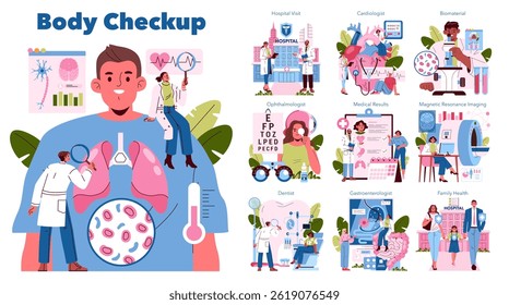 Body Checkup illustration. This design highlights various medical examinations and specialists. It features doctor-patient interactions and essential checkup elements. Promotes regular health