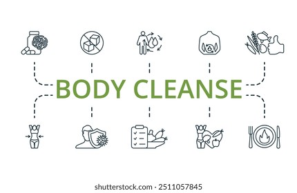 Body Cleanse thin line icon set. Monochrome simple Body Cleanse icon collection. Probiotics, Sugar Free, Water Balance, Metabolism, Healthy Food, Slim Body, Immunity, Meal Plan, Dietary Product