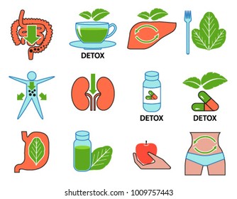 Body cleansing and detox icons set