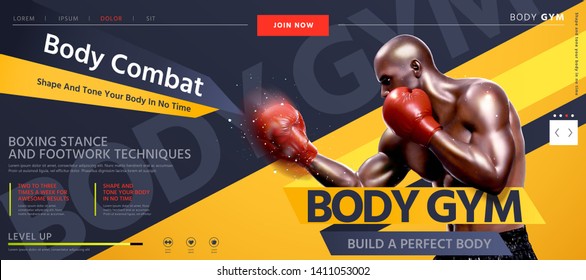 Body combat website design with strong boxer throwing hook in 3d illustration, grey and yellow tone