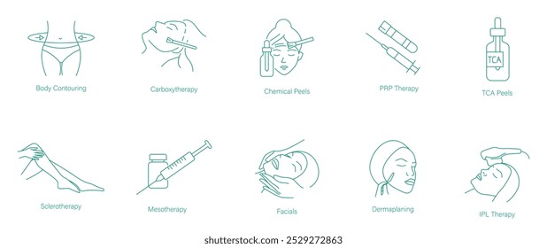 Contorno corporal, carboxiterapia, peelings químicos, tratamiento PRP, peelings TCA, escleroterapia, mesoterapia, tratamientos faciales, dermaplaning y terapia IPL conjunto de iconos para la belleza completa y el cuidado de la piel  