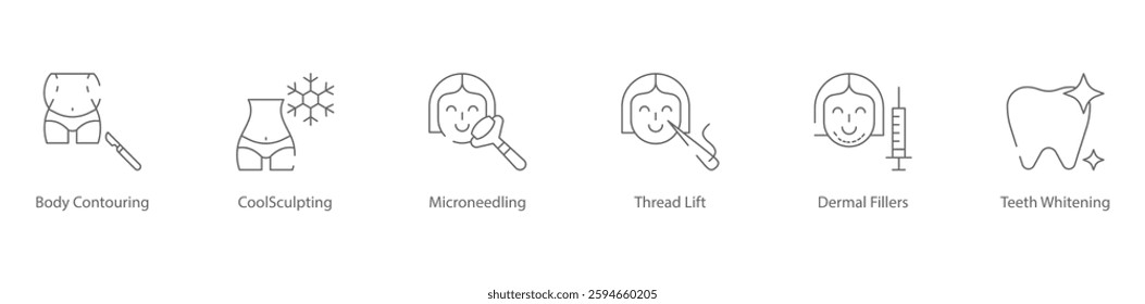 Body Contouring, CoolSculpting, Microneedling, Thread Lift, Dermal Fillers, Teeth Whitening Cosmetic Treatment Vector Icon Set