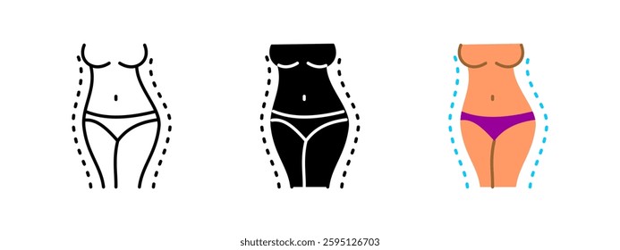 Body contouring icon. Feminine silhouette with defined curves, representing fitness, weight loss and aesthetic body sculpting. Vector illustration for beauty, wellness and cosmetic treatment concepts.