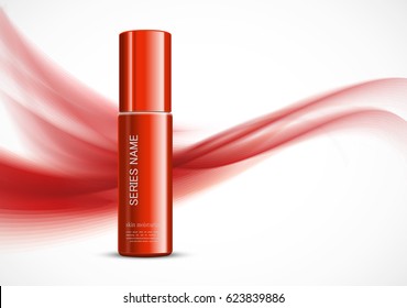 Body cream cosmetic ads template with red realistic bottle on wavy soft dynamic lines background. Vector illustration