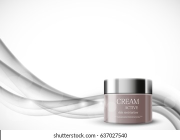 Body cream cosmetic design template with brown realistic container on gray wavy soft dynamic shiny lines background. Vector illustration