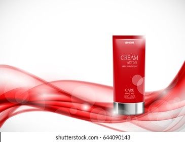 Body cream cosmetic design template with red realistic plastic bottle on light soft wavy dynamic smooth lines background. Vector illustration