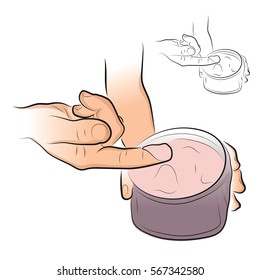 Body cream. In the hands of a jar of cream. Color vector illustration.