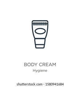 Body cream icon. Thin linear body cream outline icon isolated on white background from hygiene collection. Line vector sign, symbol for web and mobile