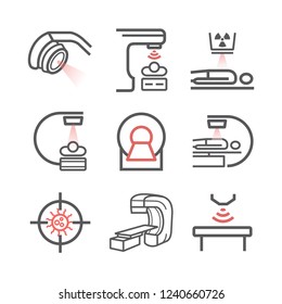 Body CT, CAT Scan. Line icons set. Radiotherapy signs. Vector symbols for web graphic.
