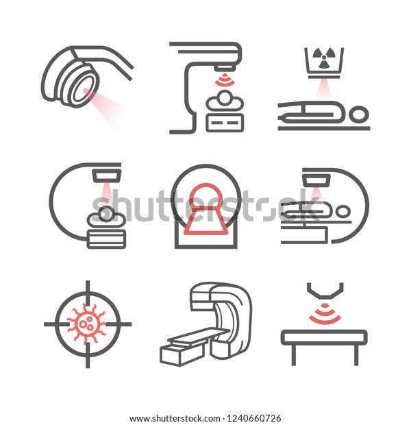Body CT, CAT Scan. Line icons set.\
Radiotherapy signs. Vector symbols for web\
graphic.