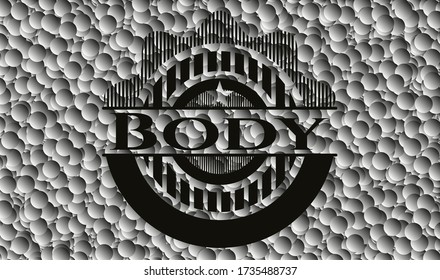 Emblema oscuro corporal con fondo de burbujas grises. Retro. Ilustración vectorial. Detallado. 