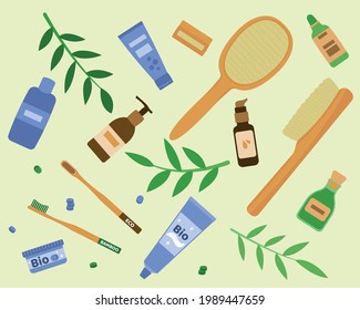 Body and dental care. Organic natural cosmetics. Care products. Wooden brushes for body and teeth, bio toothpaste, tablets, gel, lotion, shampoo, scrub, soap. Bamboo leaves. Flat vector illustration