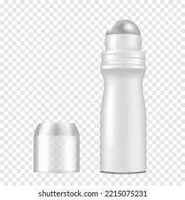 Body Deodorant Roll-on White Blank Plastic Bottle With Open Clear Screw Cap Vector Mockup. Realistic Mock-up. Template For Design