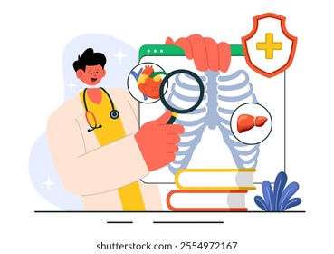 Body Diagnosis Vector Illustration featuring an X-ray Machine and MRI Scanner Examining the Human Body for Organ and Joint Health in a Flat Background