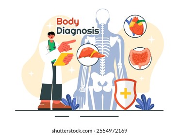 Body Diagnosis Vector Illustration featuring an X-ray Machine and MRI Scanner Examining the Human Body for Organ and Joint Health in a Flat Background