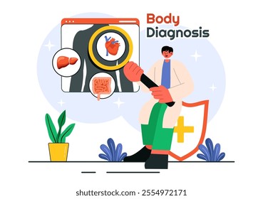 Body Diagnosis Vector Illustration featuring an X-ray Machine and MRI Scanner Examining the Human Body for Organ and Joint Health in a Flat Background