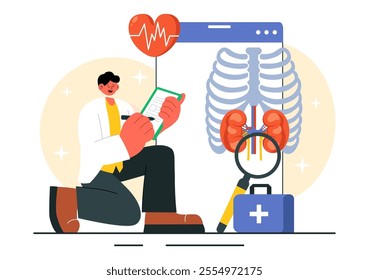 Body Diagnosis Vector Illustration featuring an X-ray Machine and MRI Scanner Examining the Human Body for Organ and Joint Health in a Flat Background