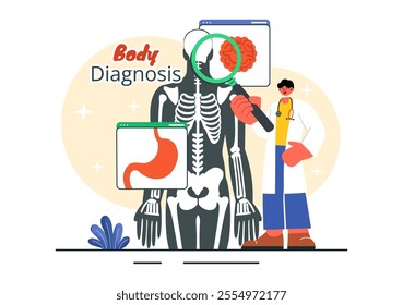 Body Diagnosis Vector Illustration featuring an X-ray Machine and MRI Scanner Examining the Human Body for Organ and Joint Health in a Flat Background