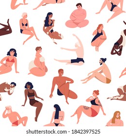 Body diversity seamless pattern. Repeatable background with male and female characters of different shape, size, skin color. Body positive people in underwear. Flat cartoon vector illustration.