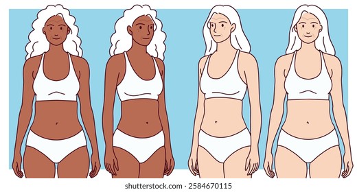 Body Diversity in Women. A comparison of different female body types, showing variations in skin tone, shape, and size. The background is light blue. Seniors