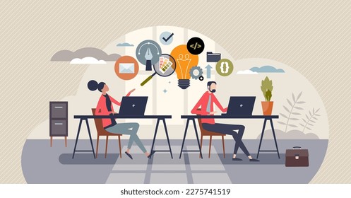 Body doubles cowork or parallel work with partnership tiny person concept. Collaboration and effective teamwork with common project effort vector illustration. Productive job with colleague support.