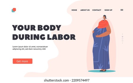 Body during Labor, Pregnancy and Motherhood Landing Page Template. Beautiful Pregnant Indian Woman, Young Mother Hold Belly. Female Character Prepare for Maternity. Cartoon People Vector Illustration