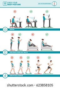 Body ergonomics infographic: improve your posture when working at desk, using mobile devices, walking and running