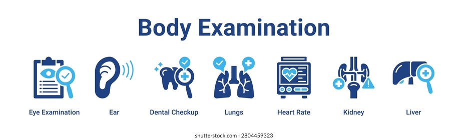 Body Examination web banner icon vector illustration concept for healthcare with icon of Eye Examination, Ear, Dental Checkup, Lungs, Heart Rate.