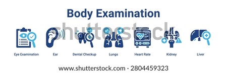 Body Examination web banner icon vector illustration concept for healthcare with icon of Eye Examination, Ear, Dental Checkup, Lungs, Heart Rate.