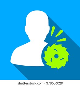 Body Execution With Circular Saw long shadow vector icon. Style is a flat light symbol with rounded angles on a blue square background.