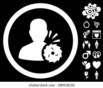 Body Execution icon with bonus decorative clip art. Vector illustration style is flat iconic white symbols on black background.