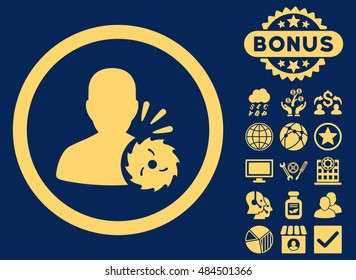 Body Execution icon with bonus images. Vector illustration style is flat iconic symbols, yellow color, blue background.