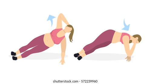 Body exercise for women on white background. Crossfit and fitness. Plank with elbow down. Exercise for fat women.