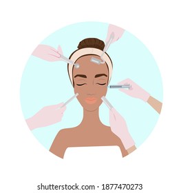 
Body and face care treatments, female face, facial massage and rejuvenating masks, injections of youth and beauty, vector flat illustration,Icons for spa salons.