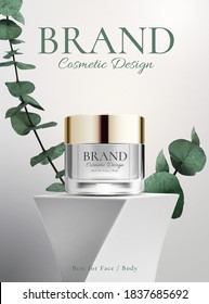 Body and face cosmetic product on a abstract design stand with a plant on white background in 3d illustration