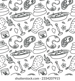 Body and face massage, aromatherapy, spa. Relaxation. Outline design. Seamless pattern with spa attributes.