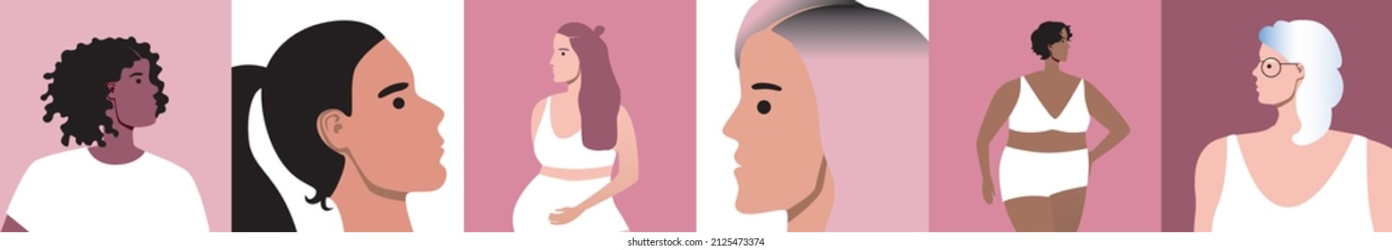 Body And Face Of Women, Variety Of Appearance. Flat Vector Stock Illustration. Beauty Of Natural Woman. Overweight People, Afro Persona, Pregnant Woman. Set, Collection Or Modern Collage