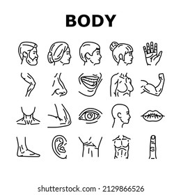 Body And Facial People Parts Icons Set Vector. Female And Male, Kid And Adult Face, Wrist And Arm Muscle, Breast And Leg Human Body Line. Lip And Nose, Eyebrow And Eye Black Contour Illustrations