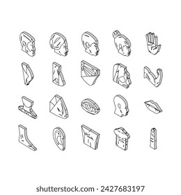 Body And Facial People Parts isometric icons set. Female And Male, Kid And Adult Face, Wrist And Arm Muscle, Breast And Leg Human Body Line. Lip And Nose, Eyebrow And Eye Color
